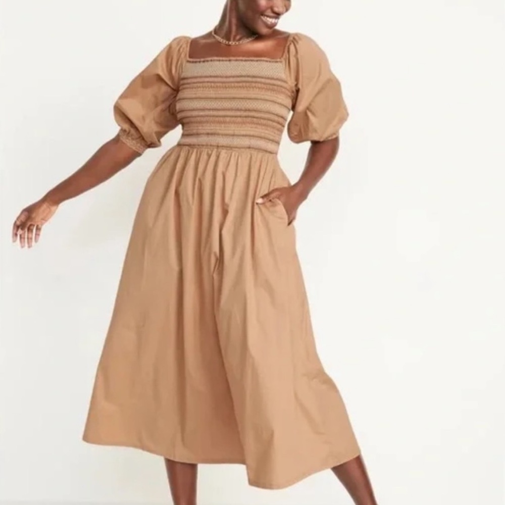 Old Navy Fit Flare Midi Dress Puff Sleeves Smocked Tan XXL Prairie Cottagecore